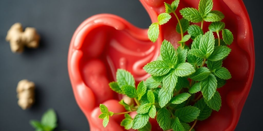 Stomach with swirling herbs and healthy food.