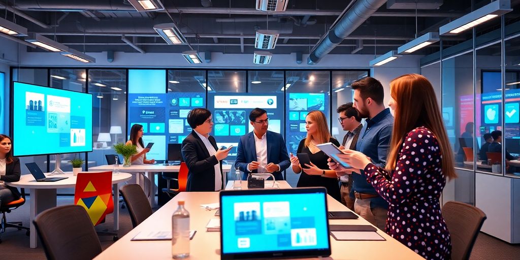 Profissionais de marketing digital em escritório moderno.