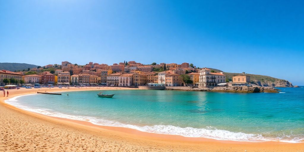 Cefalú, Sicilien med strand och klart vatten.