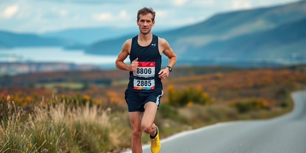 Runner maintaining pace on a scenic marathon route.