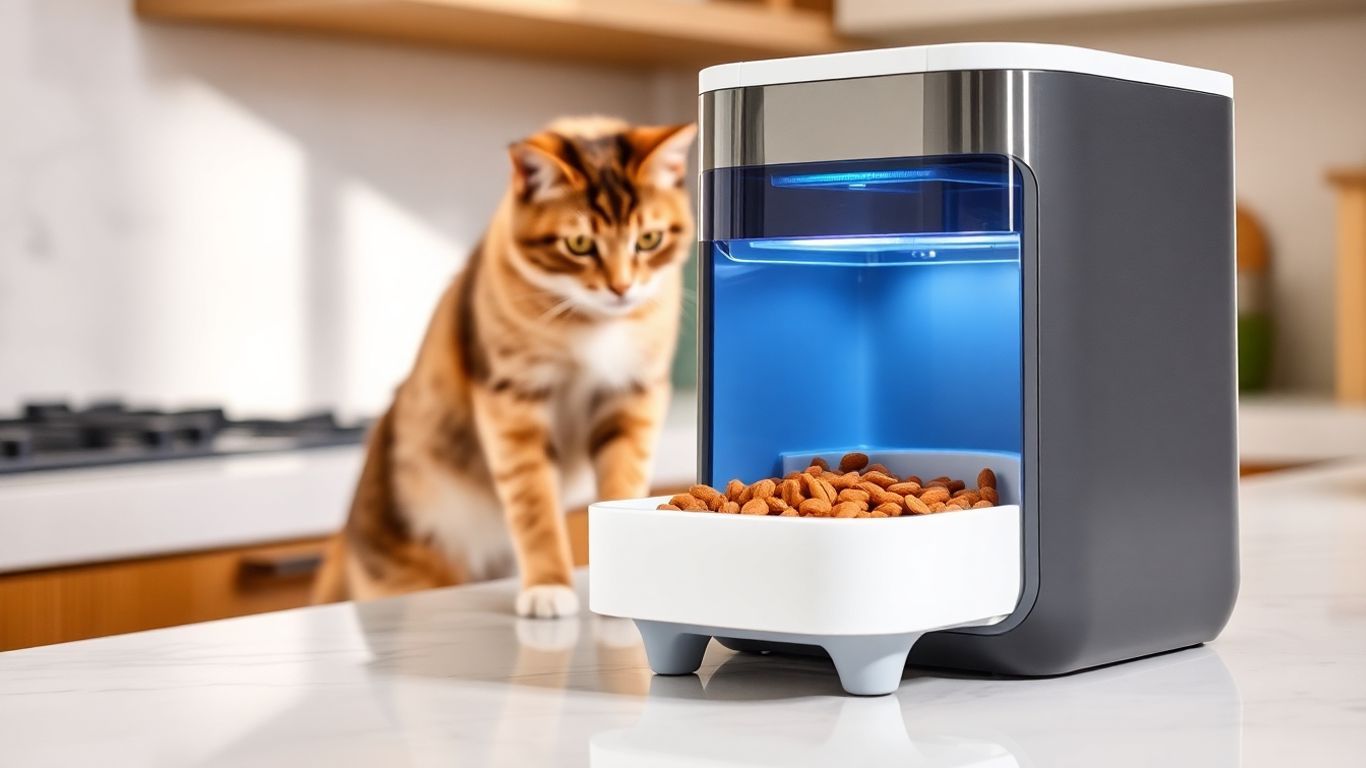 Cat approaches refrigerated feeder with fresh food inside