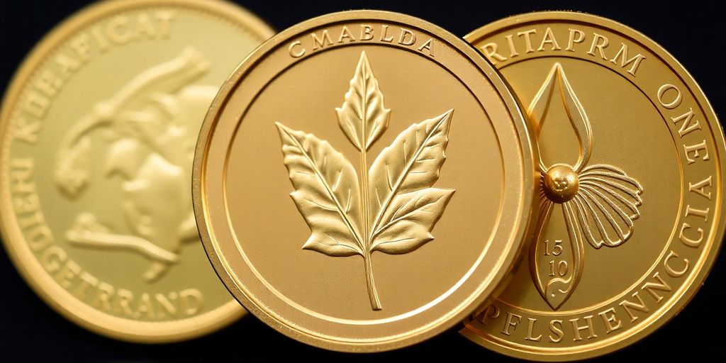 Pièces d'or Krugerrand, Maple Leaf et Philharmonique alignées.