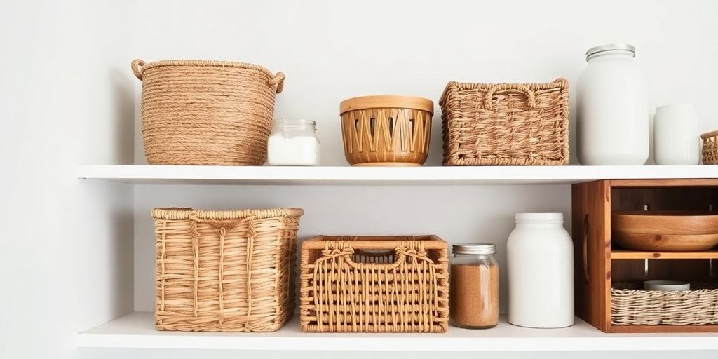 Woven baskets, wooden crates, and ceramic jars