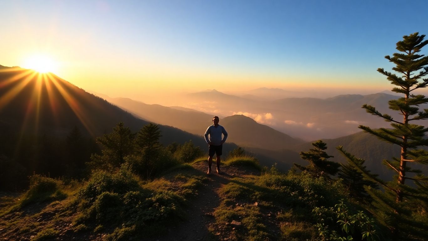 Confident person on sunrise mountain trail amid lush greenery.