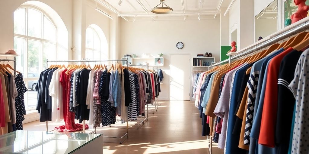 Woman happily organizing clothes for online sale.