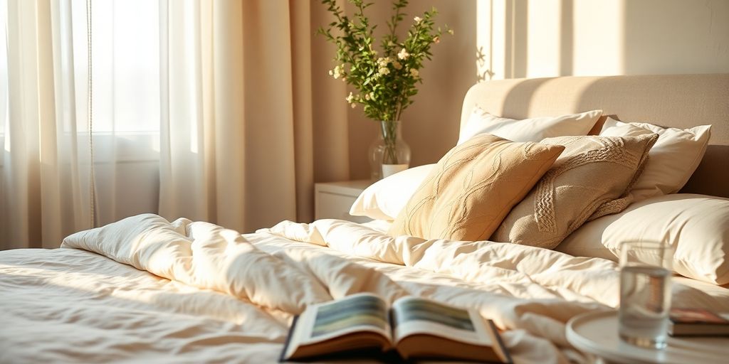 Cozy bedroom with soft lighting and inviting bed.
