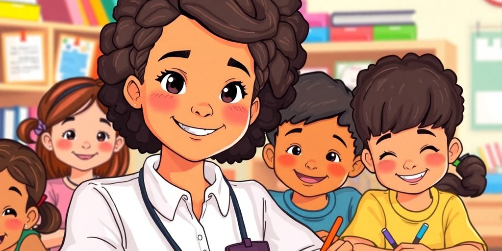 Youthful paraprofessional and diverse students in a classroom.