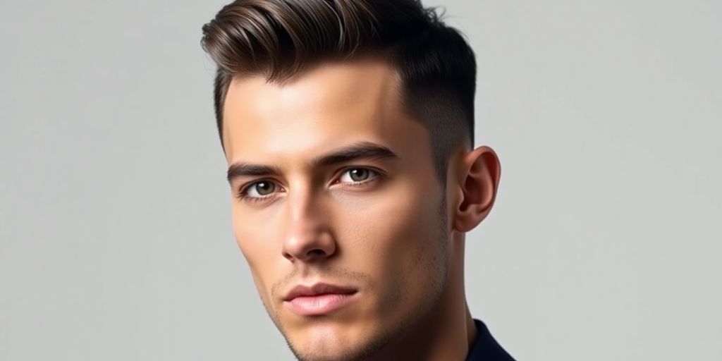 Stylish man with short hair against a neutral background.