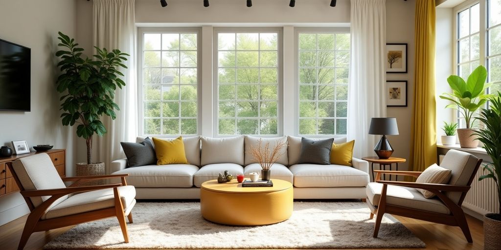 Modern remodeled living room with stylish decor and plants.