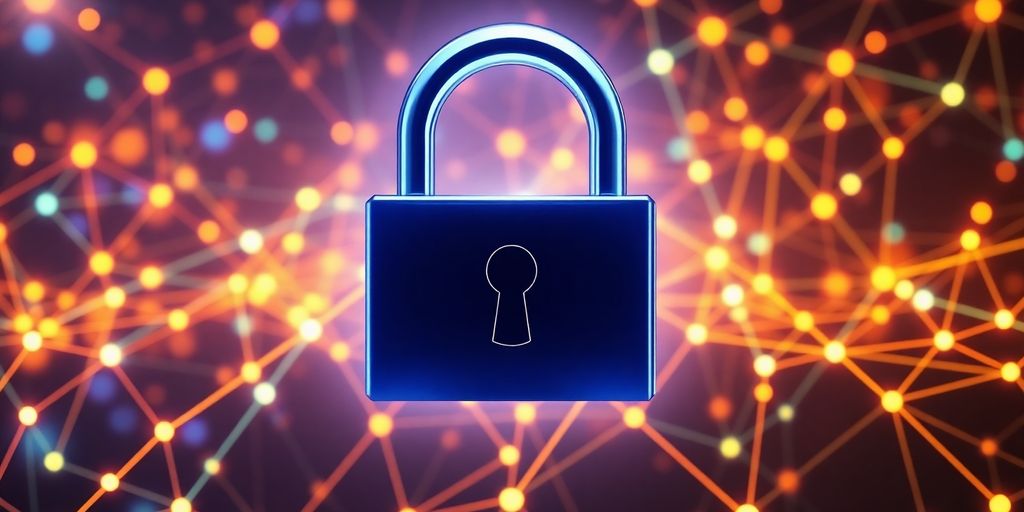 Secure digital padlock on a glowing cryptocurrency network.