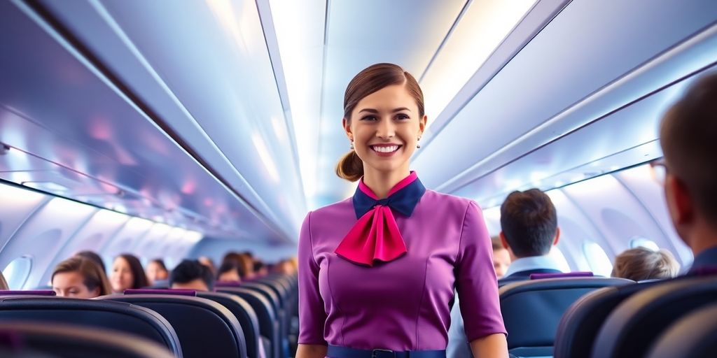 Airline stewardess serving passengers in an aircraft cabin.