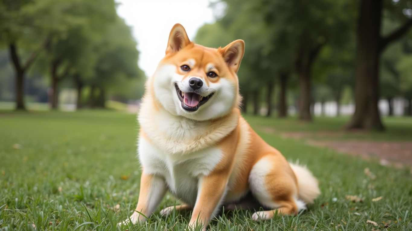Shiba Inu in a park, showcasing its fluffy coat.