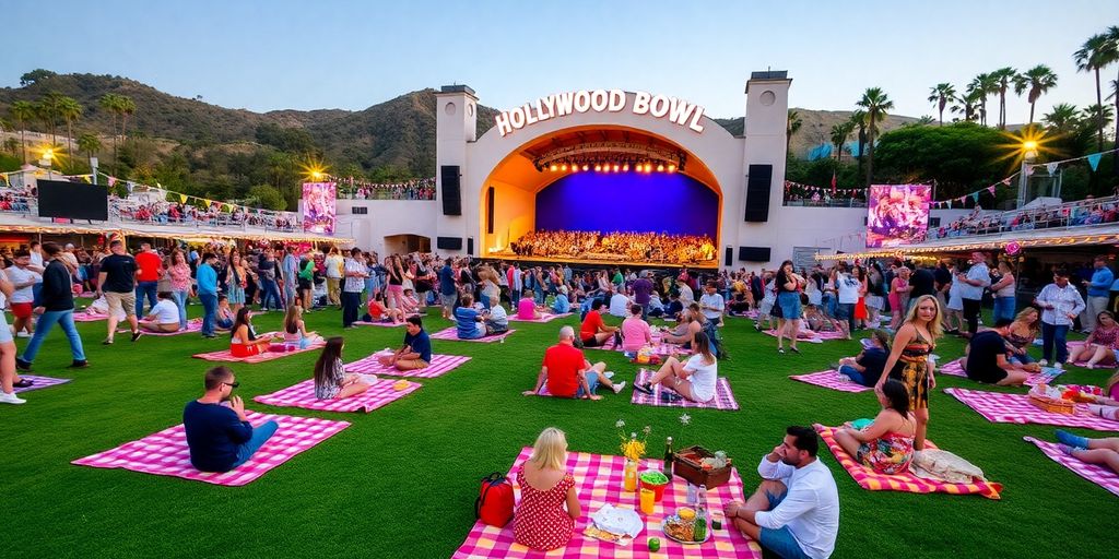 Guests enjoying a party at the Hollywood Bowl outdoors.