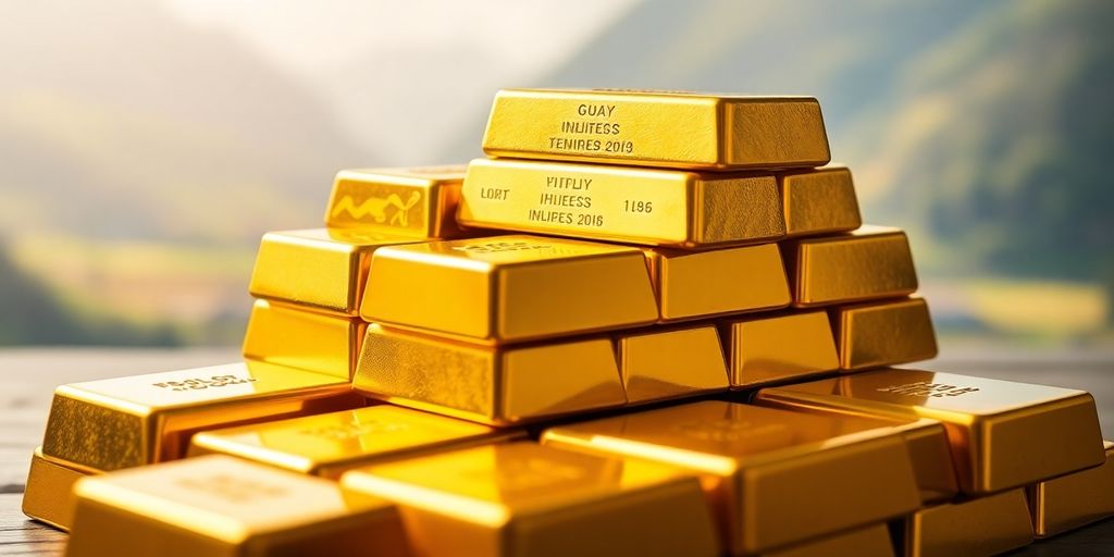 Lingots d'or empilés sur un fond suisse.