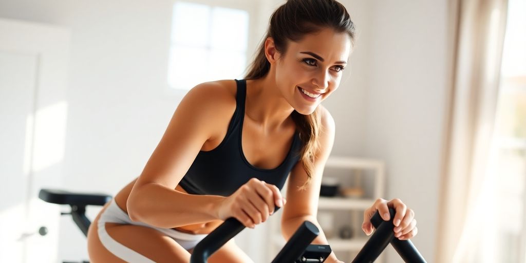 Woman riding stationary bike, smiling, focused.