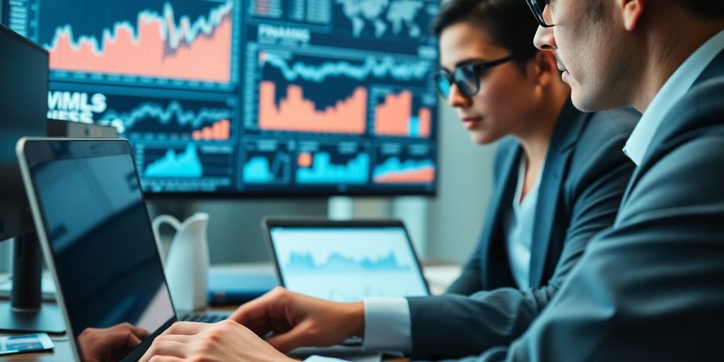 Business professional analyzing data in a modern office.