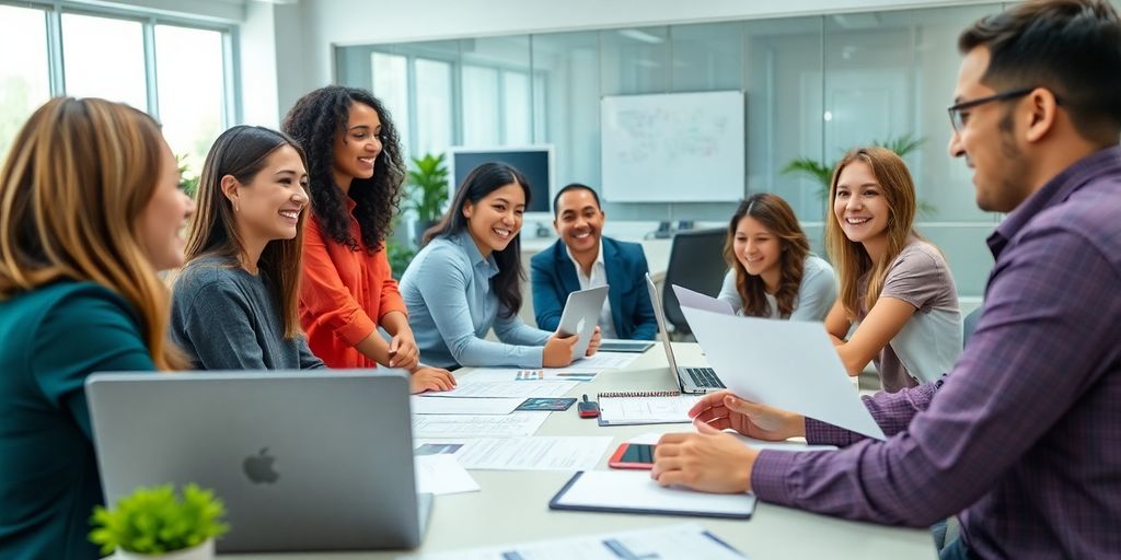 Empleados colaborando en un ambiente de oficina positivo.