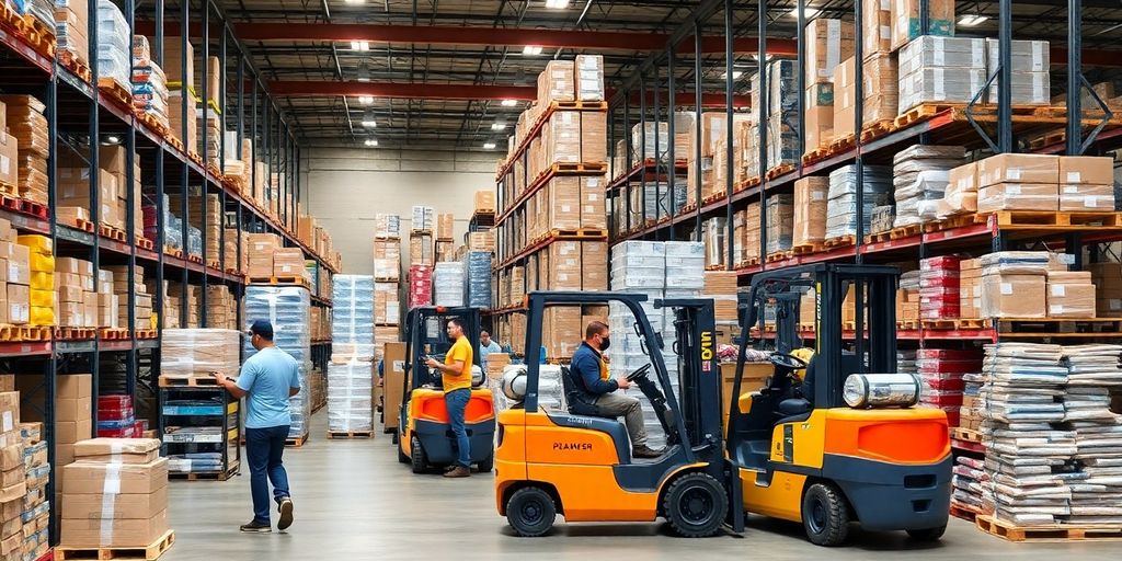 Warehouse workers managing diverse products and equipment.