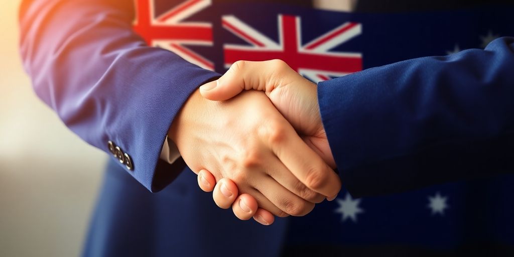Australian flag and business handshake.