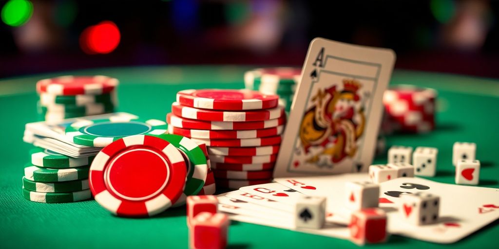 Casino chips and playing cards scattered on a table.