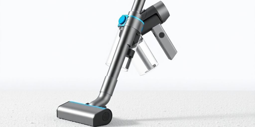 Moderner Staubsauger mit innovativen Funktionen auf weißem Hintergrund.