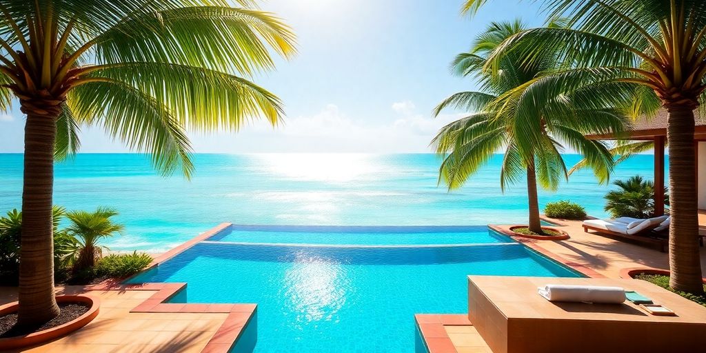 Luxury spa pool overlooking a tropical ocean.