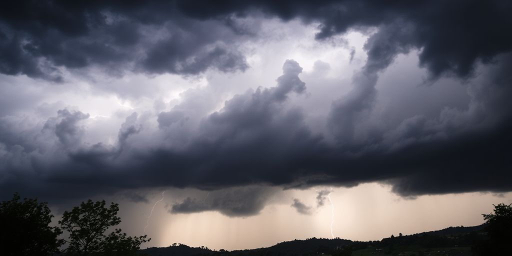 Ciel orageux menaçant sur campagne verte.