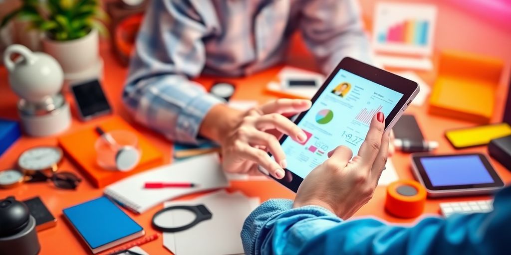 Personne utilisant une tablette avec des outils numériques.