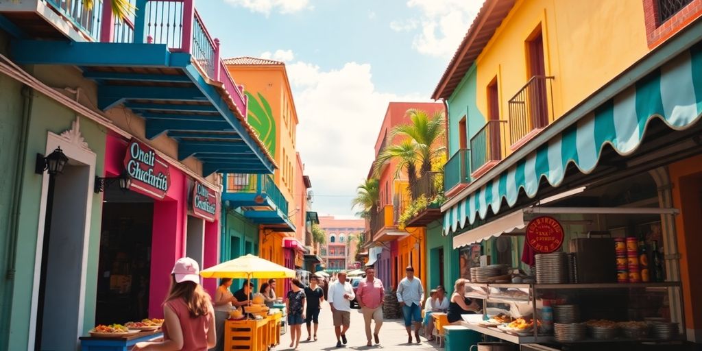 Vibrant Mexican street with food vendors and people.