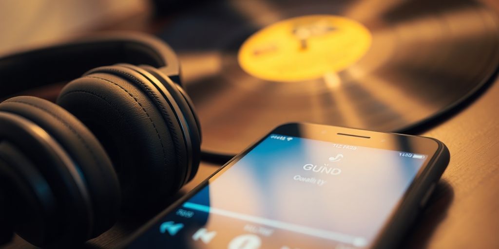 Headphones and smartphone in a cozy music setting.