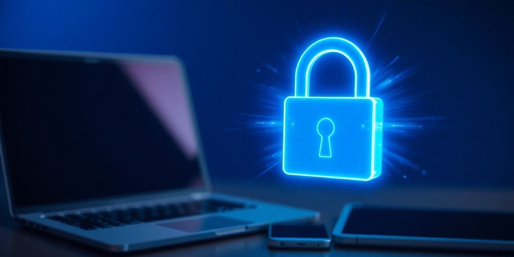 Digital padlock securing various electronic devices.