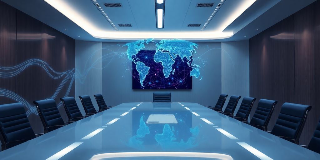 Modern boardroom with digital interfaces.