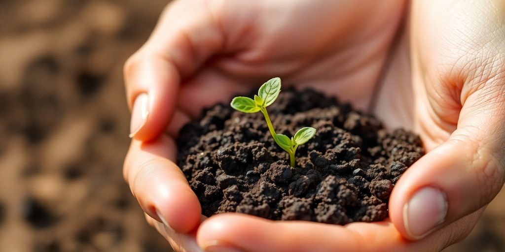 Hands holding a plant sprout in soil.