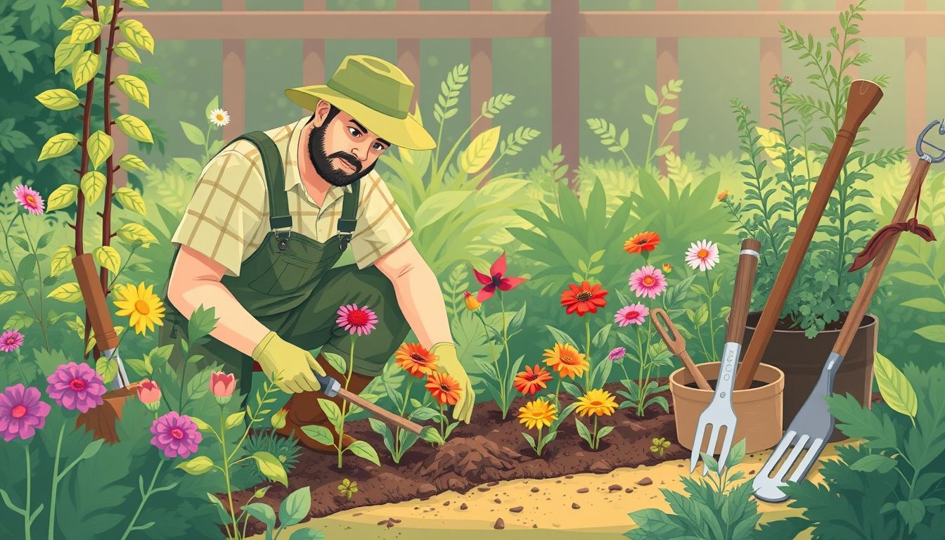 Garden labourer planting flowers with garden tools