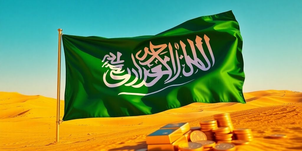 Drapeau saoudien sur un paysage désertique doré.