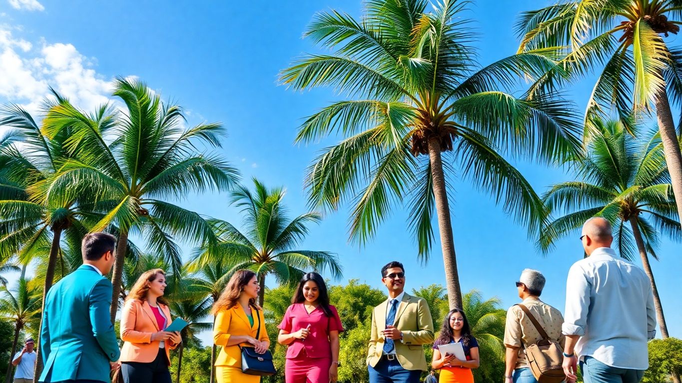 Business professionals by palm trees.