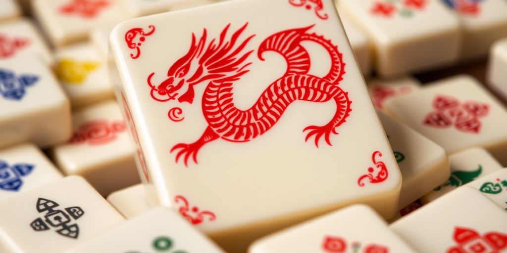 Red Dragon mahjong tile with scattered tiles