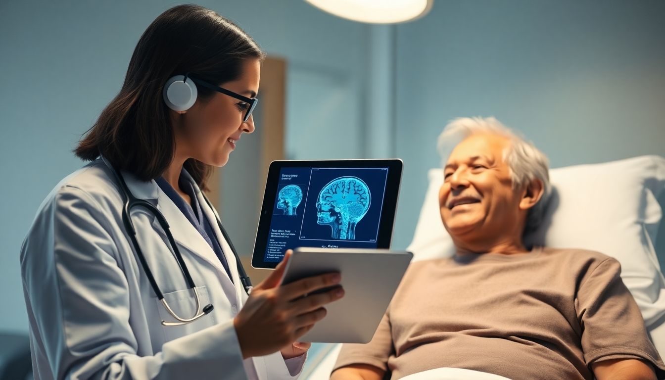 Doctor and patient with AI-assisted brain scan during stroke recovery.