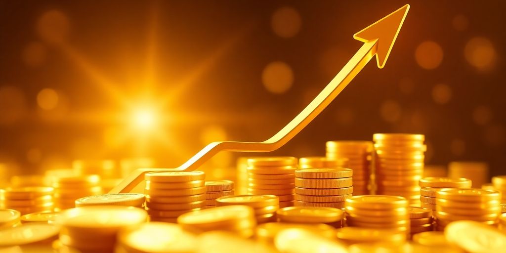 Golden coins and a rising arrow amidst abstract financial growth.