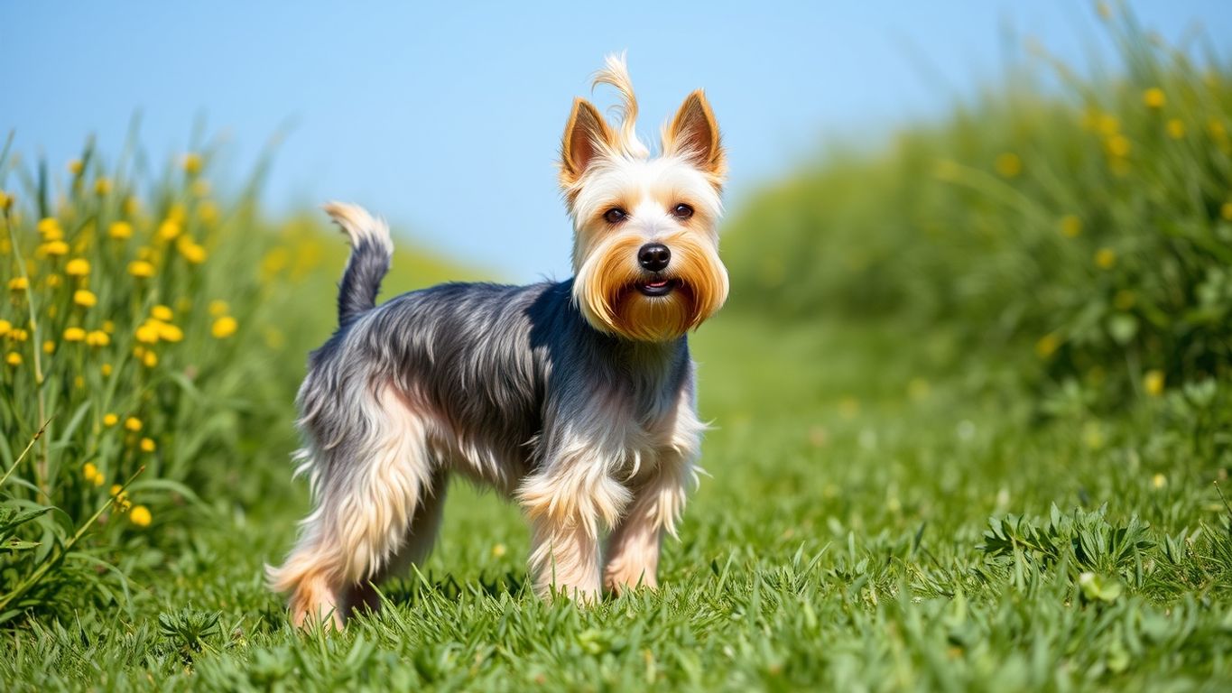 Dandie Dinmont Terrier in a green field.