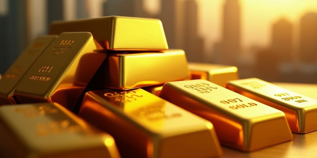 Lingots d'or brillants sur fond flou de ville.