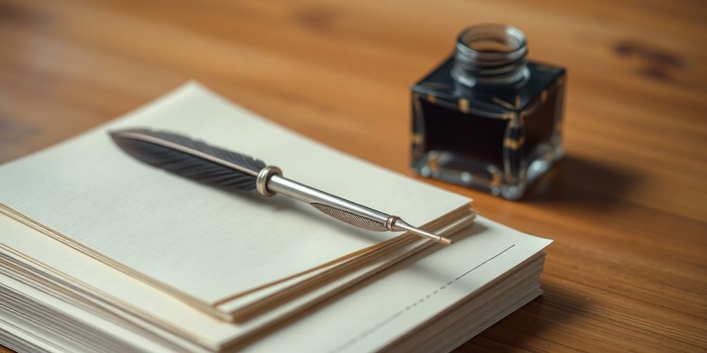 Feather pen, inkwell, open notebook, polished desk.