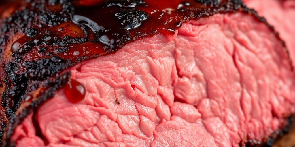 Smoked brisket flat, deep red, with a dark bark.