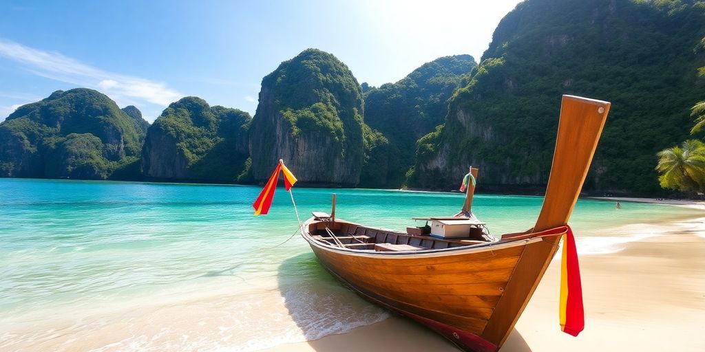 Longtail boats sit on Ao Nang beach.