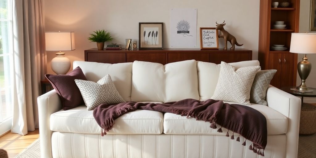 Stylish Crate and Barrel sleeper sofa in a cozy living room.