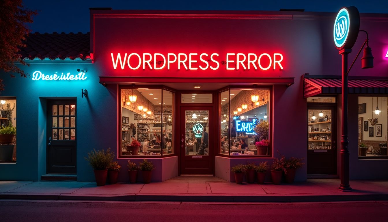 Storefront with neon sign saying 'WordPress Error' in Tucson.