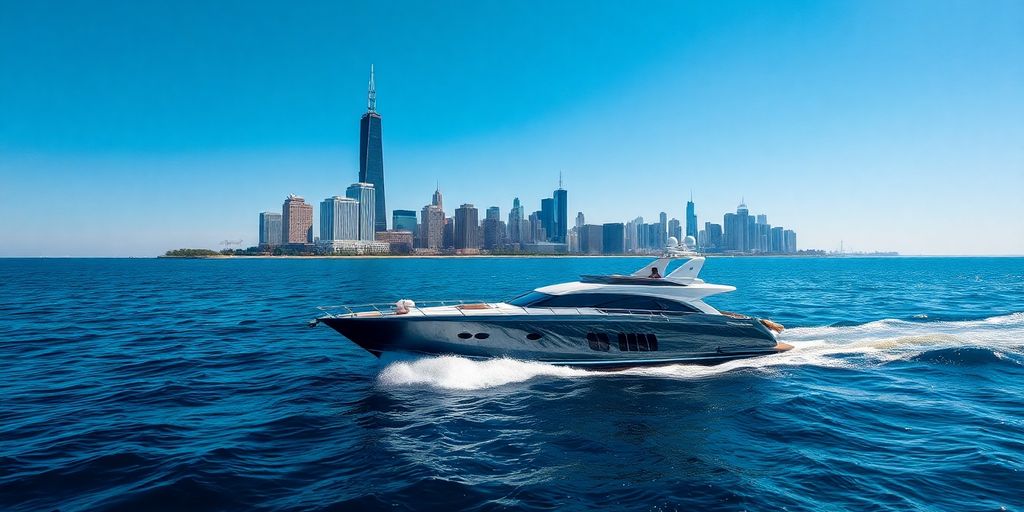 Yacht sailing on Lake Michigan, Chicago skyline in background.