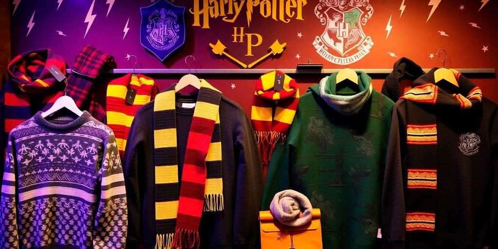 Harry Potter fan apparel including scarves and sweaters.