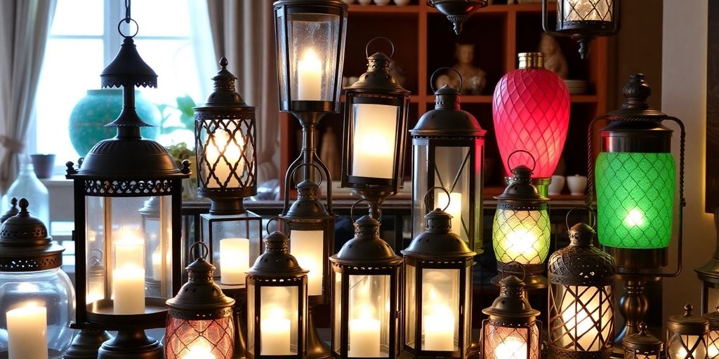 Various lantern lights glowing in a cozy setting.