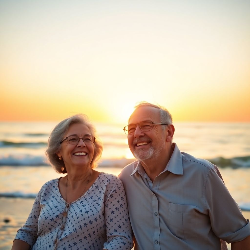 Casal sorridente na praia ao pôr do sol.